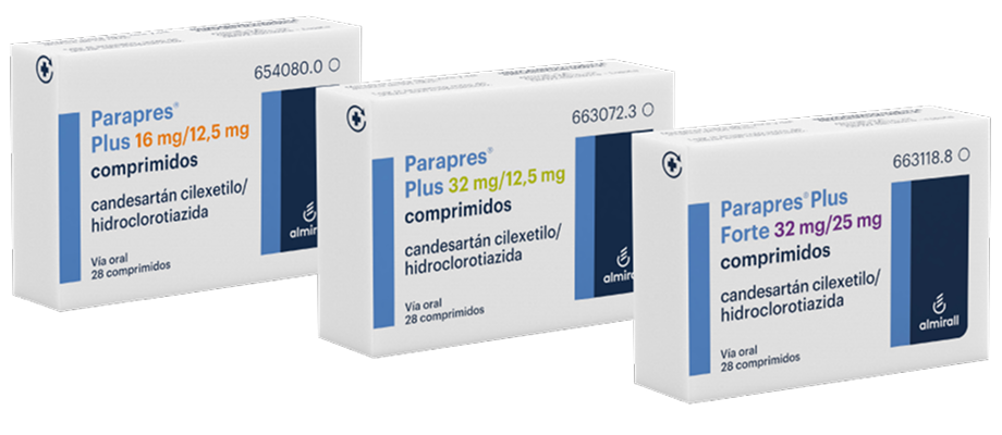 Cajas de Parapres Plus 16 mg/12,5 mg, 32 mg/12,5 mg y Forte 32 mg/25 mg